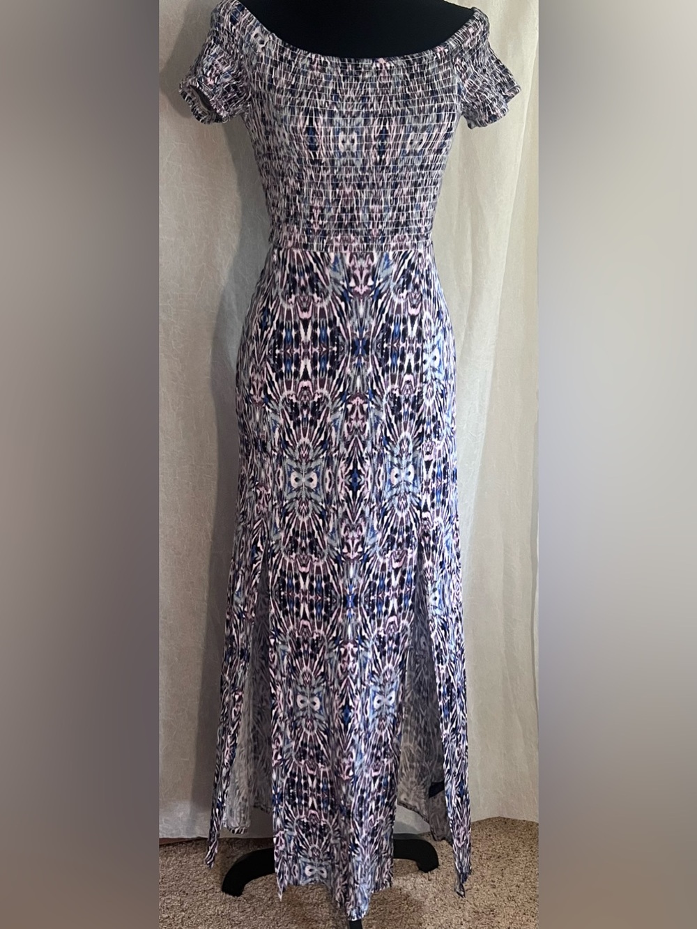 EXPRESS Off-Shoulder Blue & Pink Patterned Maxi Dress with slits